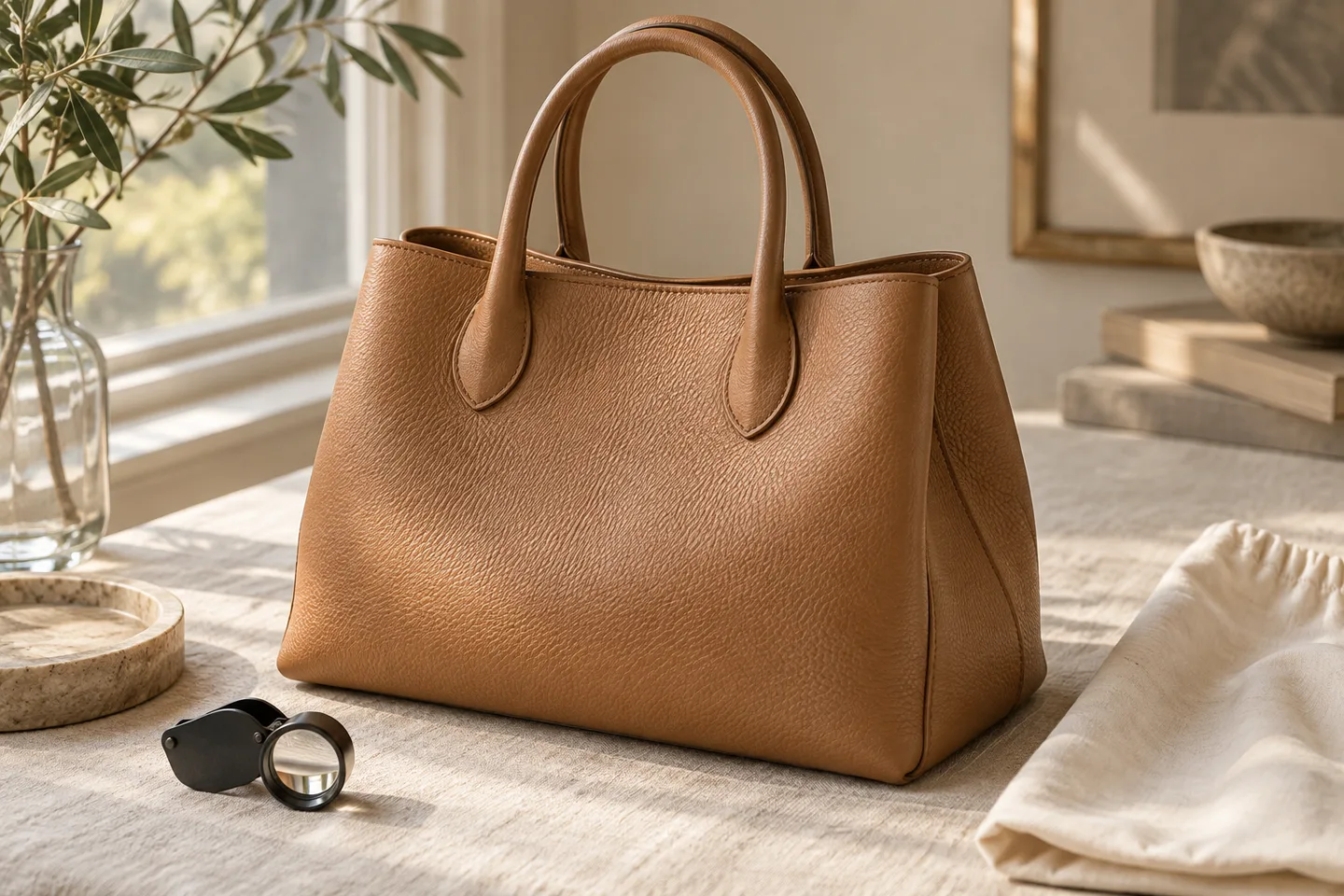 A plain tan handbag beside a jeweler's loupe and cream cloth