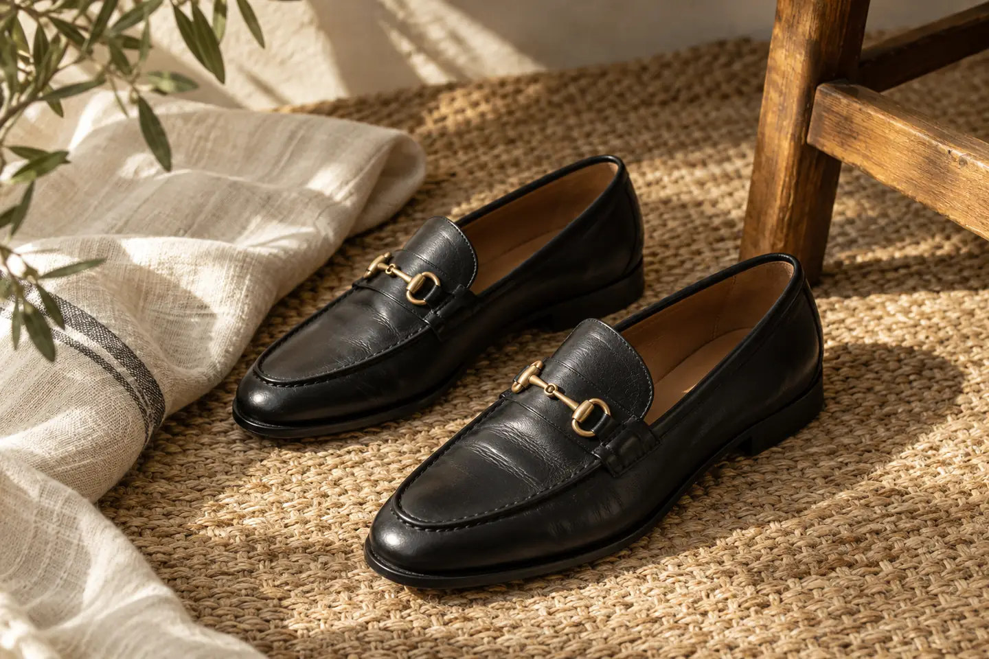 Black loafers beside folded neutral clothes